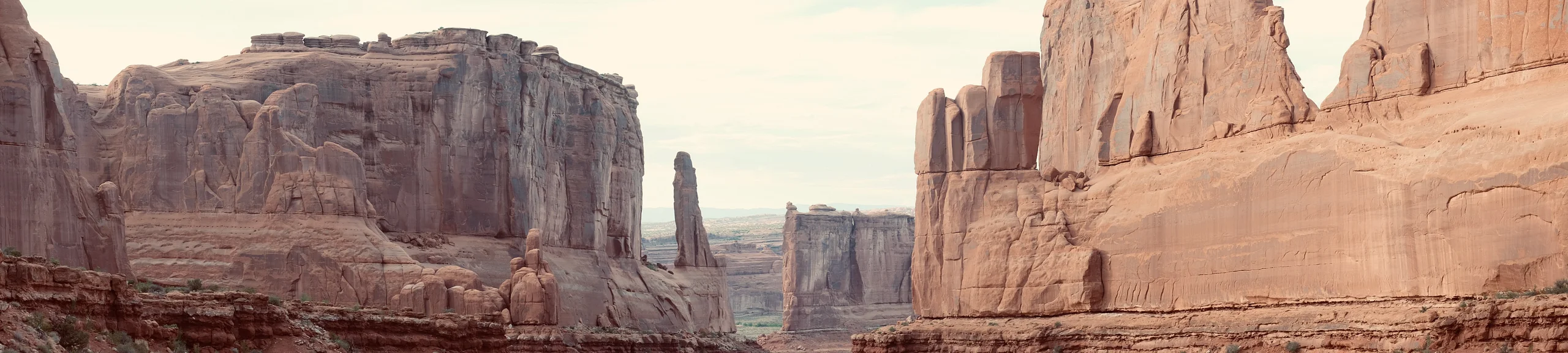 Towering red sandstone cliffs and spires frame a wide desert canyon under a pale sky.