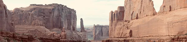 Towering red sandstone cliffs and spires frame a wide desert canyon under a pale sky.