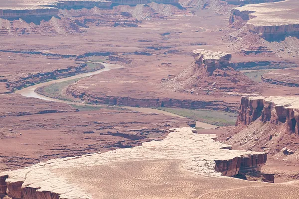A meandering river cuts through layered red-rock canyons seen from a high overlook in the desert.