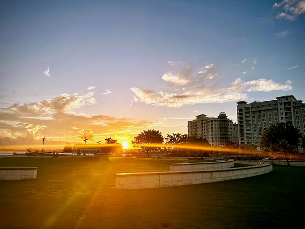 The sun sets low over a bay behind trees and high-rise buildings, casting long golden rays across a park lawn with low stone terraces.